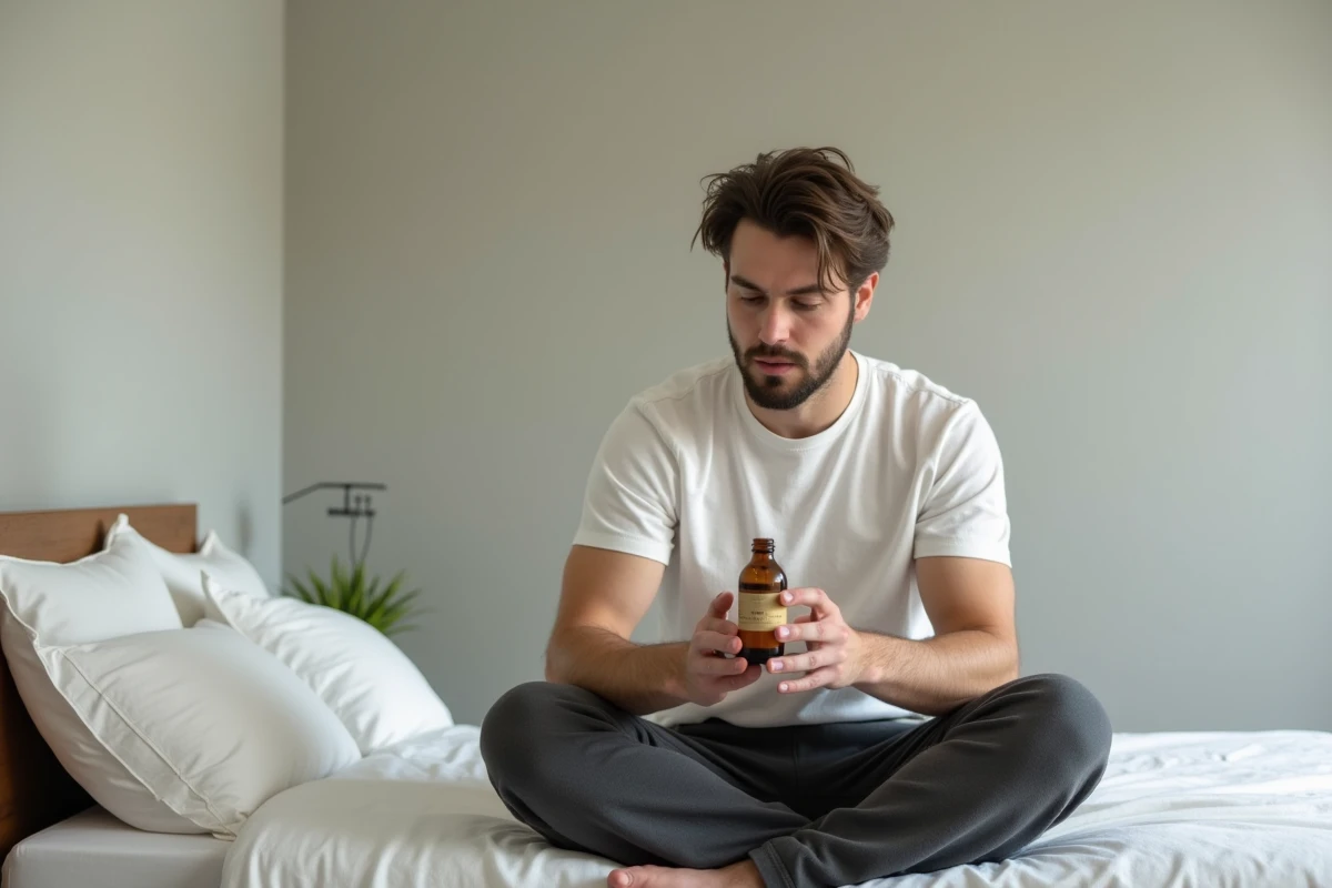 Homme en t-shirt blanc assis sur un lit dans une chambre minimaliste, tenant une bouteille de boisson naturelle pour le sommeil, regard pensif et introspectif