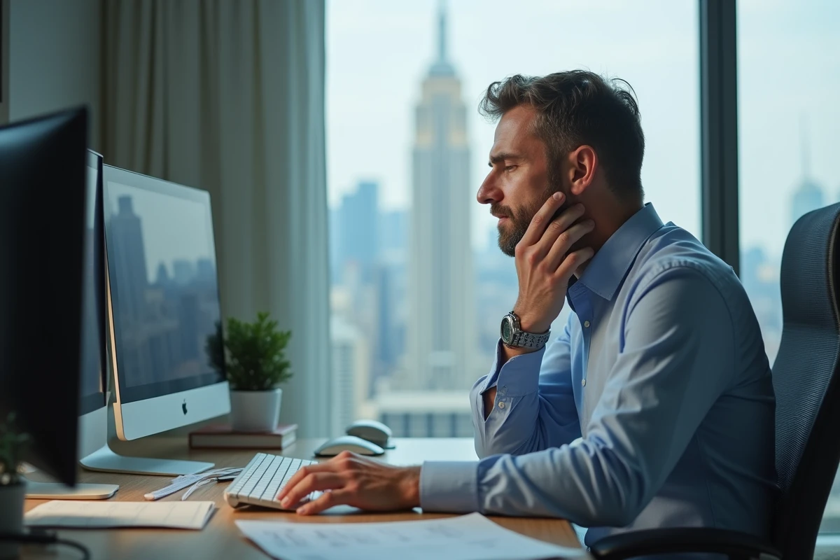 Homme au bureau touchant son cou avec douleur