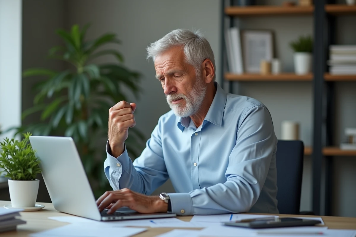 Homme âgé au bureau se massant la main après travail informatique