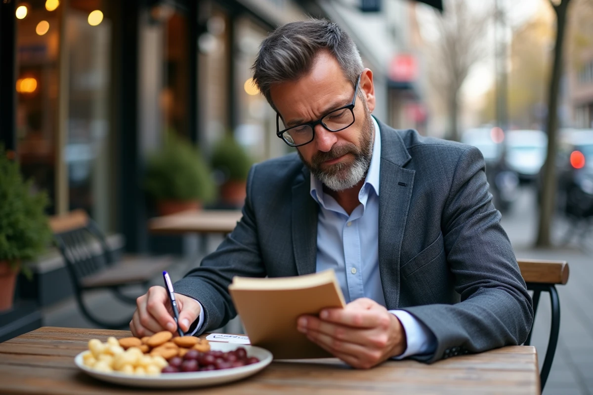Homme au café examine notes et snacks de fruits secs