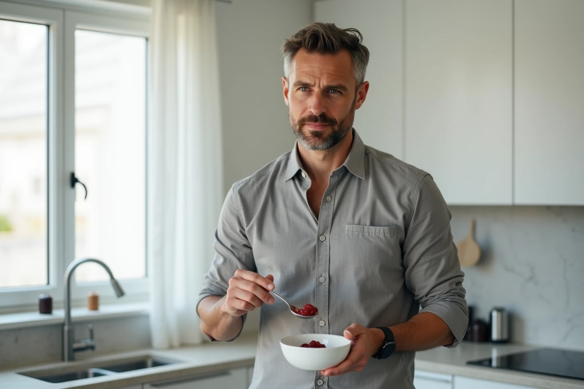 Homme mangeant une compote dans une cuisine minimaliste, illustrant les bienfaits digestifs d'une alimentation riche en fibres