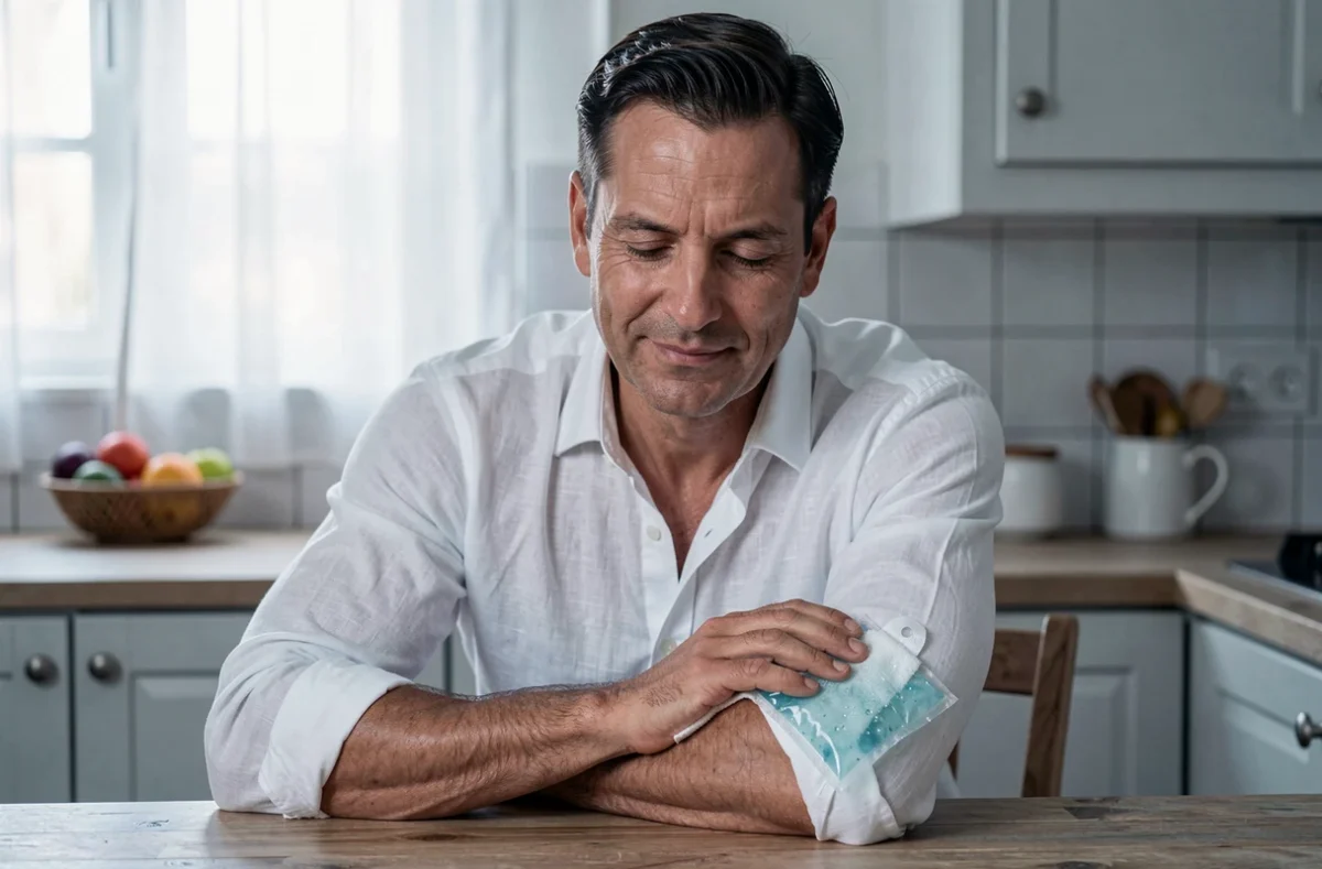 Homme appliquant une compresse froide sous l'aisselle gauche dans une cuisine