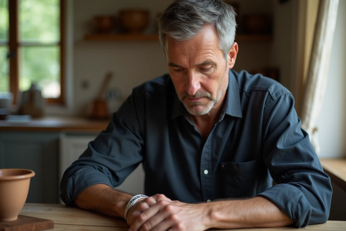 Homme en contemplation regardant sa main droite posée sur une table en bois rustique