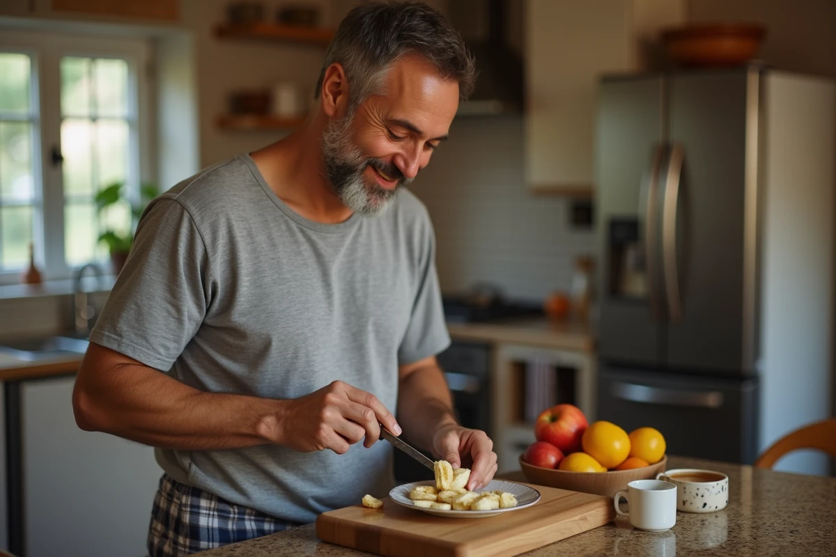 Homme coupe une banane dans la cuisine chaleureuse