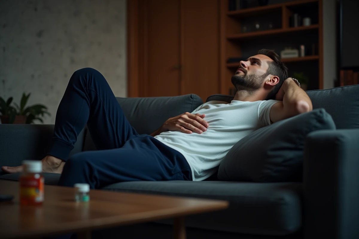 Homme allongé sur un canapé tenant son dos gauche douloureux, épuisement lié au stress chronique
