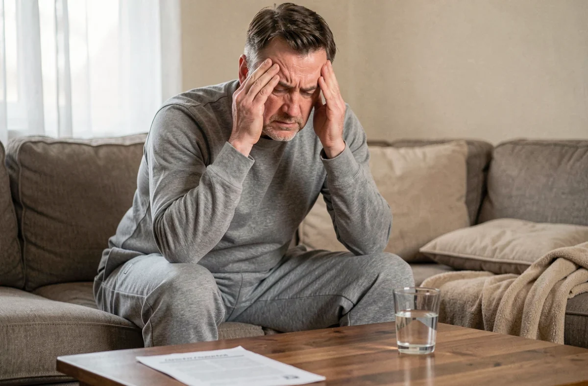 Homme en convalescence à domicile ressentant des effets secondaires de l'anesthésie générale comme la fatigue et les nausées