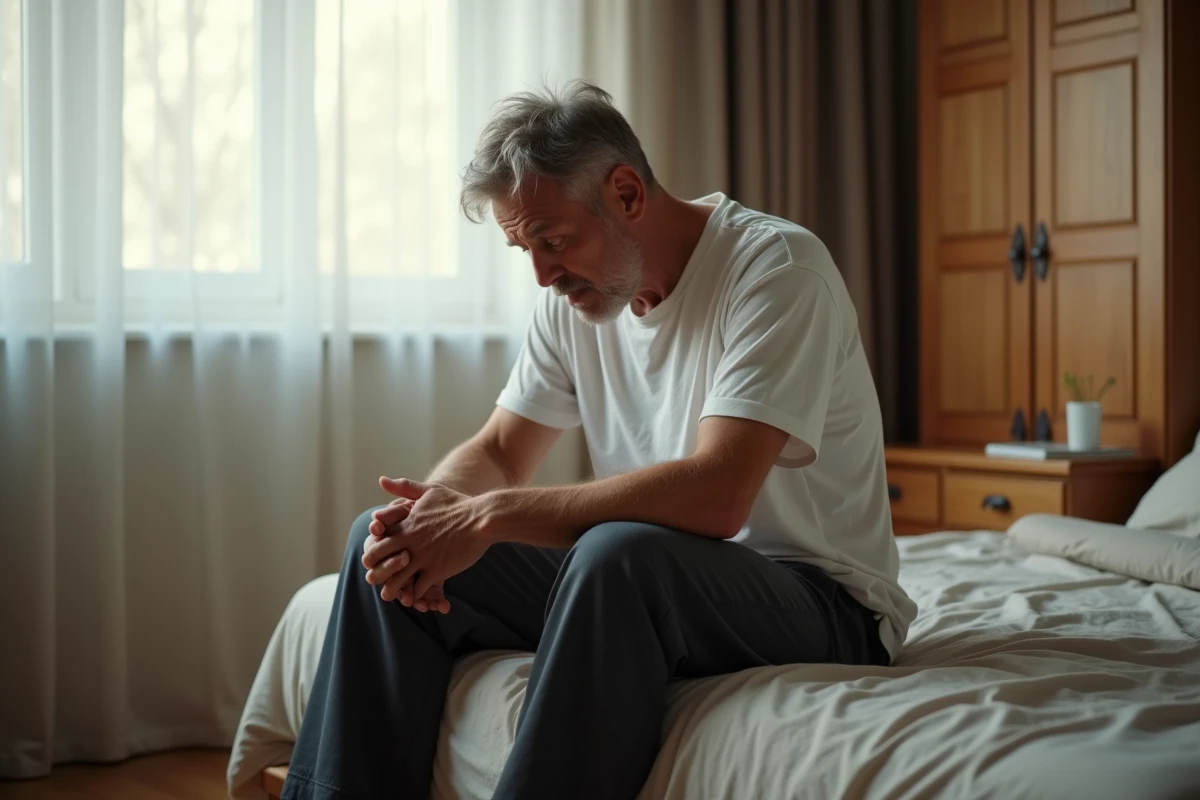 Homme fatigué assis sur le bord de son lit, expression épuisée, illustrant les symptômes de fatigue intense et perte de poids inexpliquée