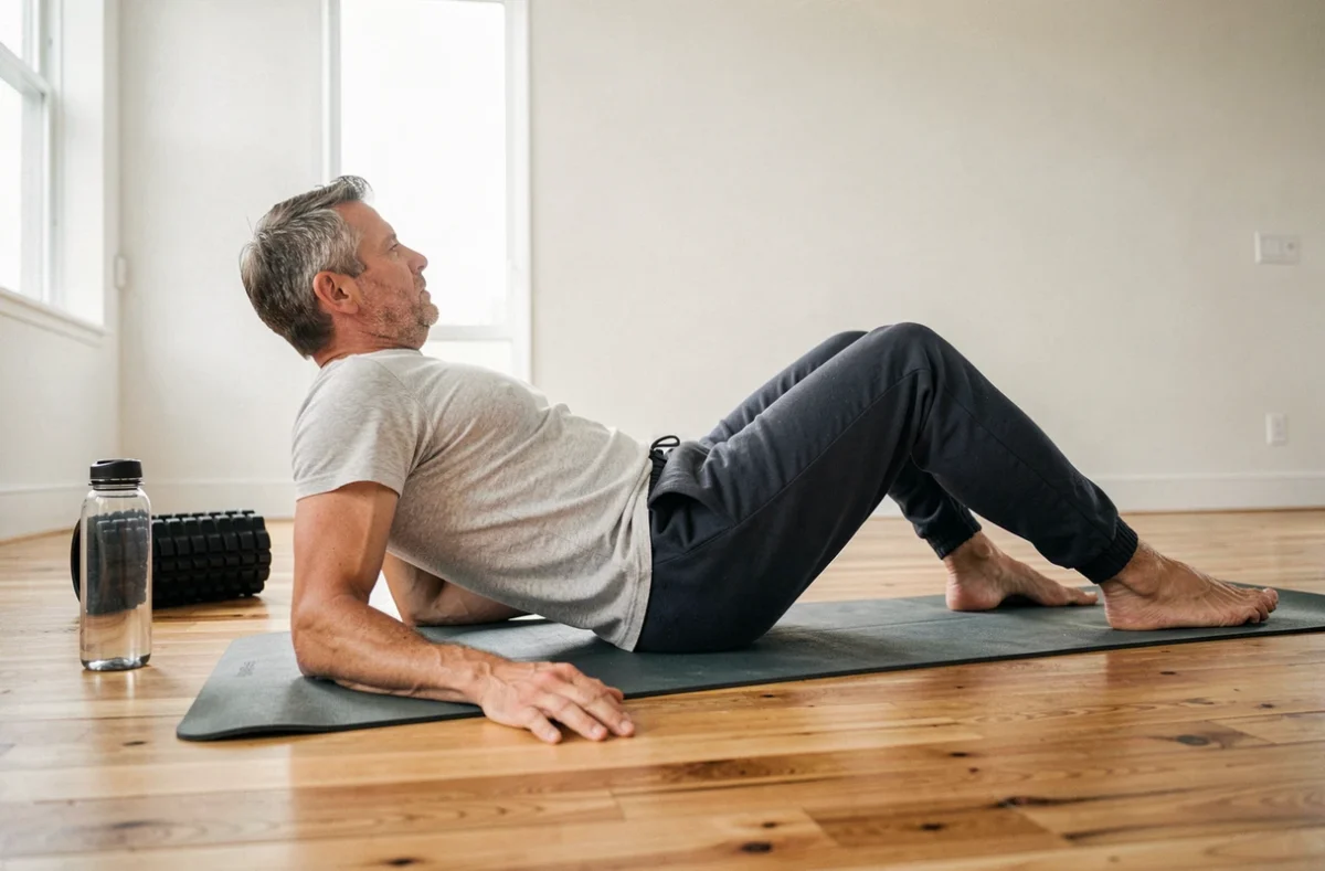 Homme pratiquant un exercice de gainage doux sur tapis dans un espace fitness minimaliste à domicile