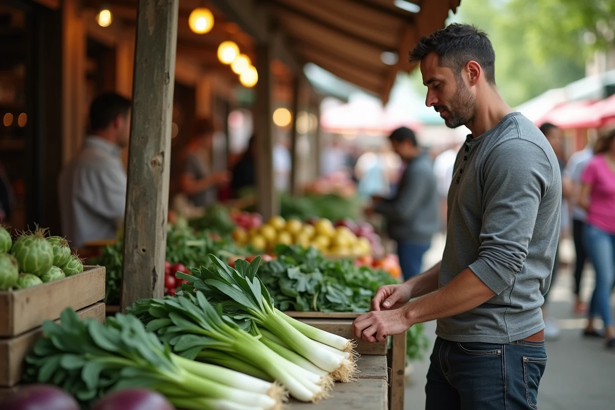Homme choisissant des légumes riches en fibres sur un marché fermier, symbolisant une alimentation équilibrée pour préserver la flore intestinale