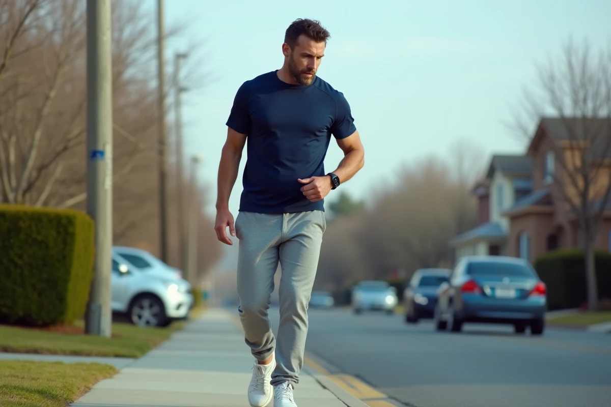 Homme adulte marchant sur un trottoir résidentiel avec un tracker de fitness au poignet pour mesurer ses pas au kilomètre