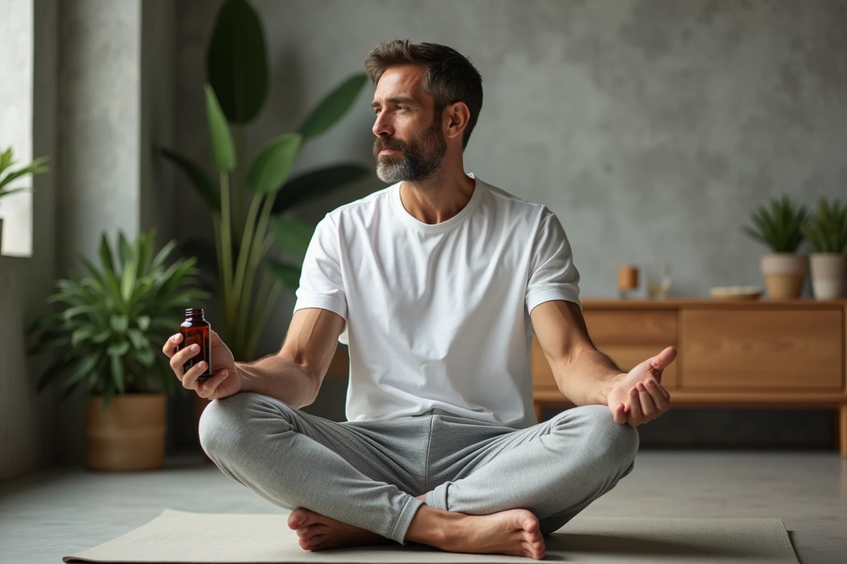 Homme d'âge mûr en position de méditation tenant un flacon de complément alimentaire, évoquant la gestion du stress et l'utilisation réfléchie des adaptogènes