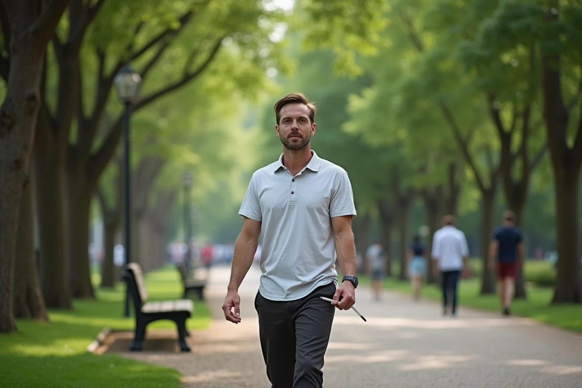 Homme marchant dans un parc urbain paisible