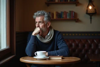 Homme d age dans un cafe parisien en train de lire