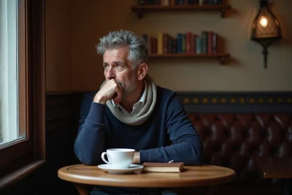 Homme d age dans un cafe parisien en train de lire