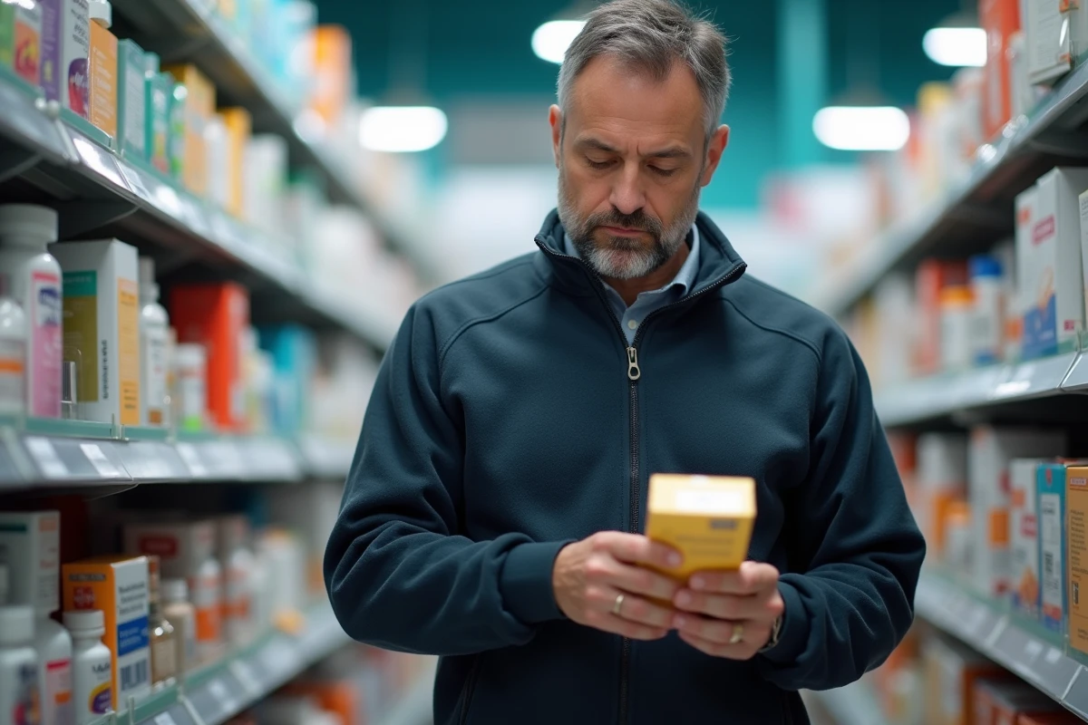 Homme en pharmacie consultant l'étiquette d'un complément digestif pour soulager des ballonnements et rots