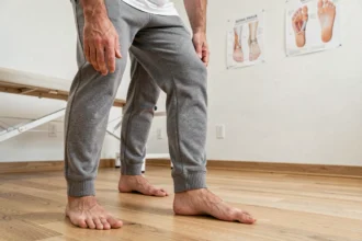 Homme adulte debout pieds nus dans une clinique de physiothérapie montrant un pied plat sur parquet en bois clair