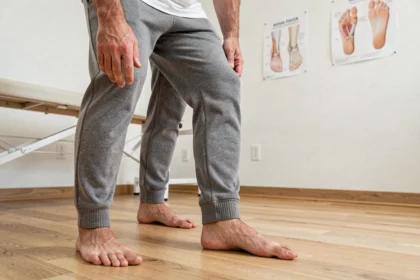 Homme adulte debout pieds nus dans une clinique de physiothérapie montrant un pied plat sur parquet en bois clair
