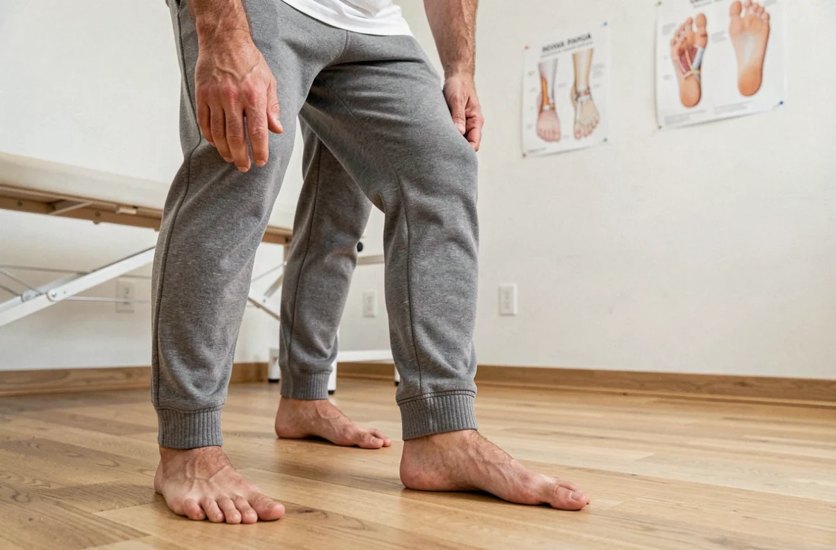 Homme adulte debout pieds nus dans une clinique de physiothérapie montrant un pied plat sur parquet en bois clair