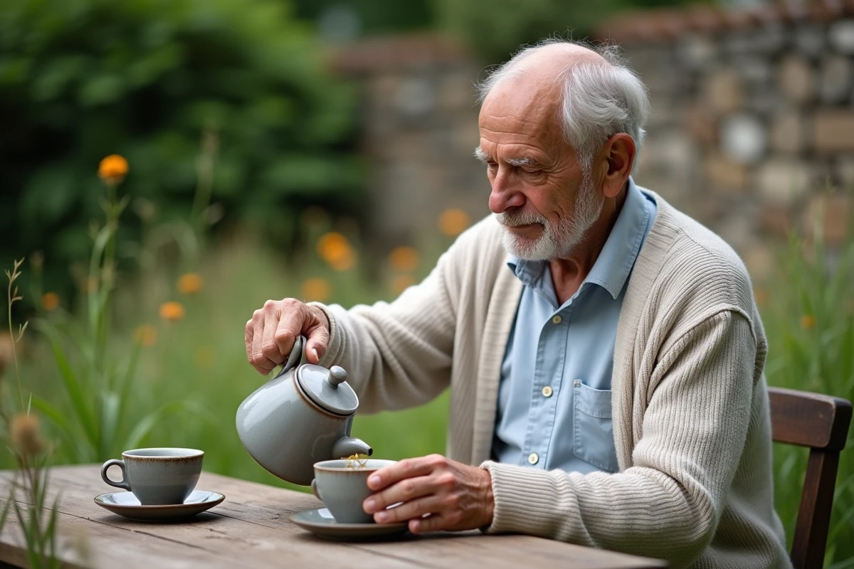 Homme versant du rooibos dans un jardin naturel