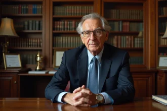 Portrait d'un homme politique âgé assis à un bureau officiel, illustrant une figure politique française dans un cadre institutionnel