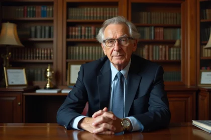 Portrait d'un homme politique âgé assis à un bureau officiel, illustrant une figure politique française dans un cadre institutionnel