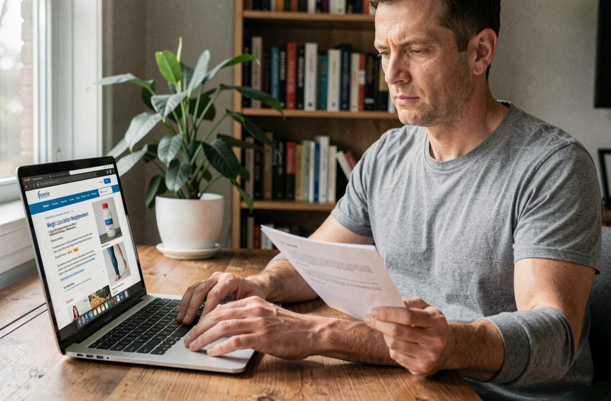 Homme consultant des avis sur les compléments minceur IT Works devant son ordinateur portable dans un bureau à domicile