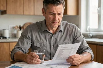Homme d'âge moyen examinant ses résultats d'analyses sanguines avec un taux de GGT élevé à la maison