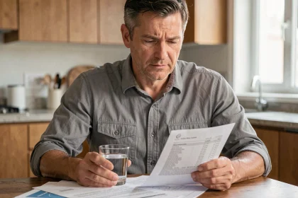 Homme d'âge moyen examinant ses résultats d'analyses sanguines avec un taux de GGT élevé à la maison