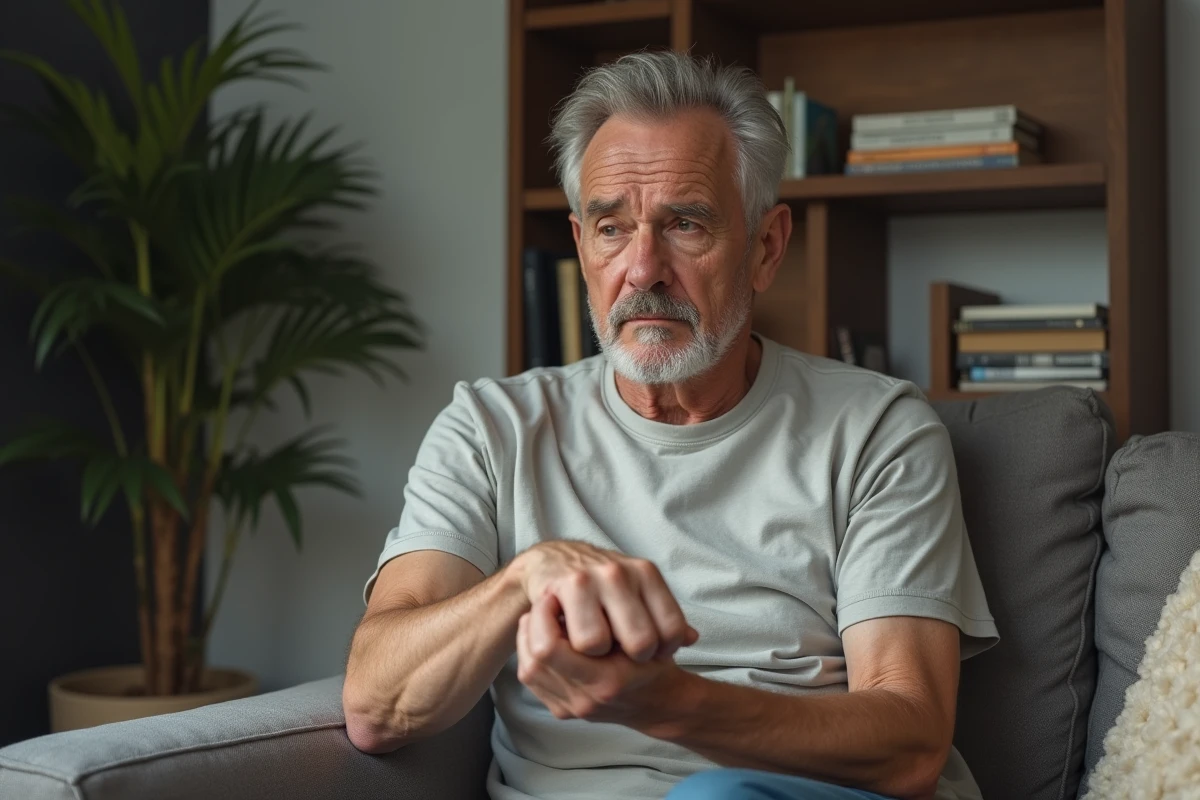 Homme d age assis sur un canapé dans un salon cosy