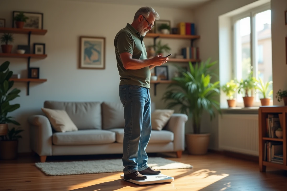Homme vérifiant ses données de santé sur son smartphone dans le salon