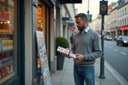 Homme d'&acirc;ge moyen v&eacute;rifiant le prix d'une cigarette &agrave; Luxembourg