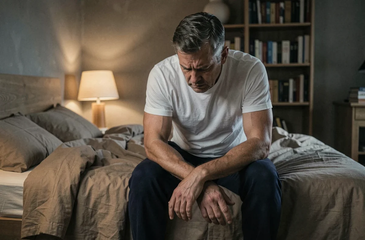 Homme fatigué assis au bord de son lit en position de repli émotionnel, symbolisant le lien entre stress chronique et troubles digestifs comme la diverticulite