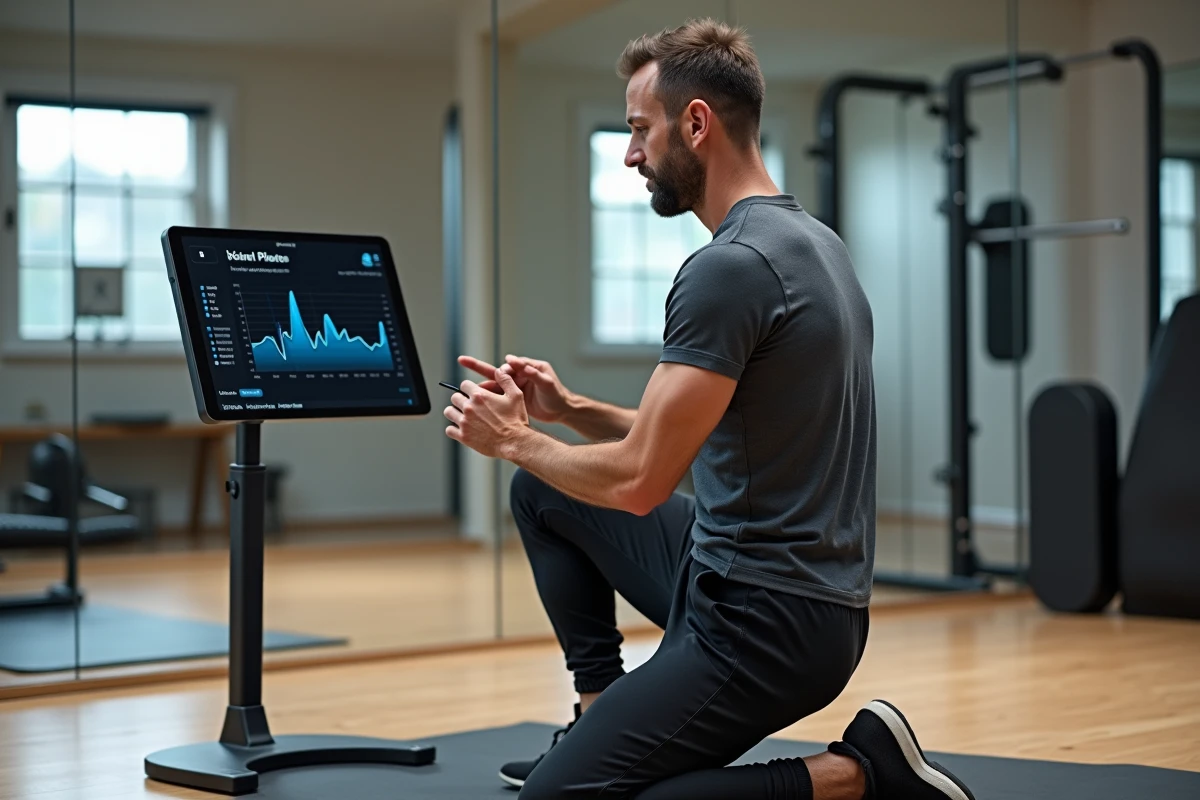 Homme v&eacute;rifiant sa progression de pilates sur tablette dans salle de sport