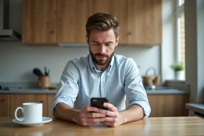 Homme v&eacute;rifiant r&eacute;sultats de laboratoire sur smartphone dans une cuisine moderne