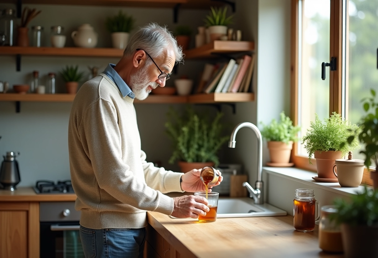 Homme versant du sapin dans une cuisine chaleureuse