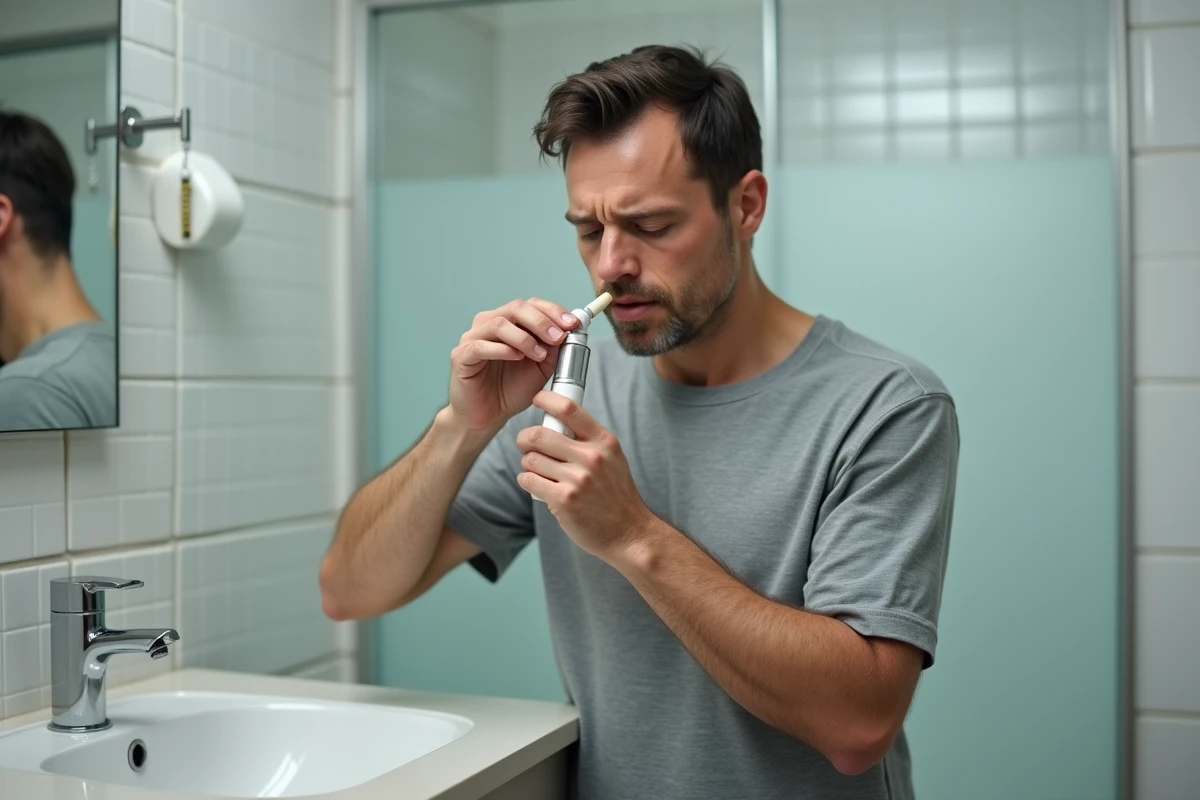 Homme utilisant un inhaleur herbal thaïlandais Yadom contre les symptômes du rhume dans une salle de bain