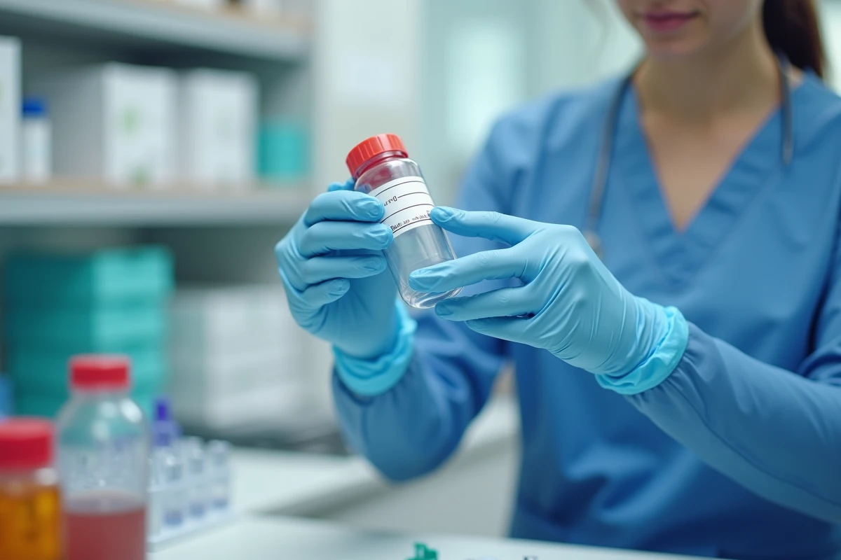 Infirmière manipulant un échantillon d'urine en laboratoire médical dans le cadre d'un bilan de caillot sanguin