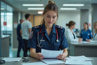 Infirmière paramédicale confiante à la réception d'un hôpital