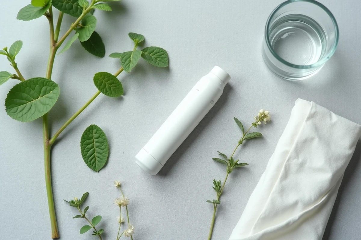 Inhaleur nasal thaïlandais Yadom posé sur du lin avec des herbes séchées eucalyptus et menthe pour soulager les allergies