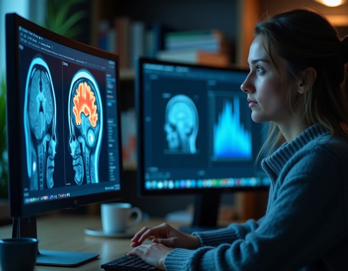 Écran d'ordinateur affichant une IRM fonctionnelle du cerveau avec la région hippocampique mise en évidence, analysée par une neuroscientifique