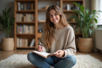 Jeune femme assise avec un journal dans un salon chaleureux