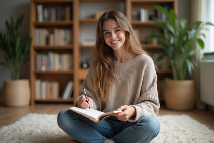 Jeune femme assise avec un journal dans un salon chaleureux