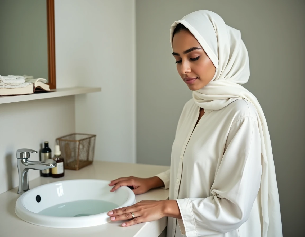 Jeune femme sud-asiatique en tenue de pri&egrave;re ivoire devant un bassin d'eau, pr&eacute;paration au ghusl rituel islamique