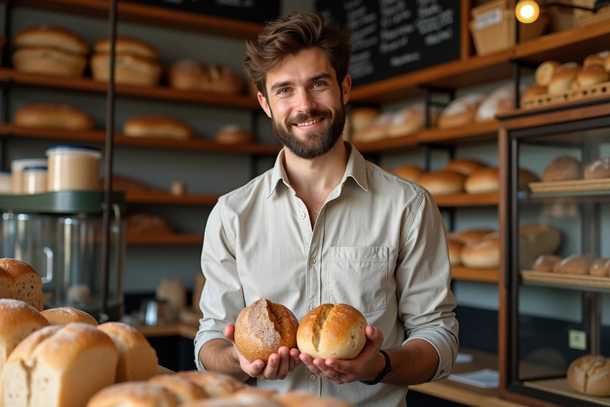 Jeune homme choisissant entre pain complet et rye en boulangerie
