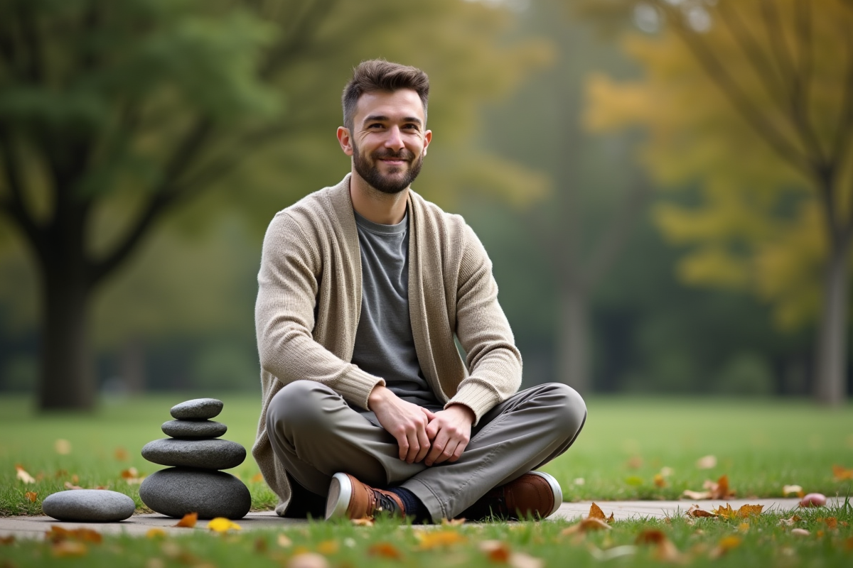 Jeune homme assis sur un banc de jardin posant des pierres de soin