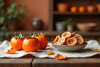 Comparaison côte à côte entre kakis frais orangés brillants et tranches de kaki séché sur une table en bois rustique