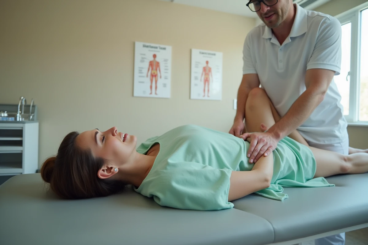 Patiente allongée lors d'une séance de kinésithérapie pour douleur dans le bas du dos côté droit