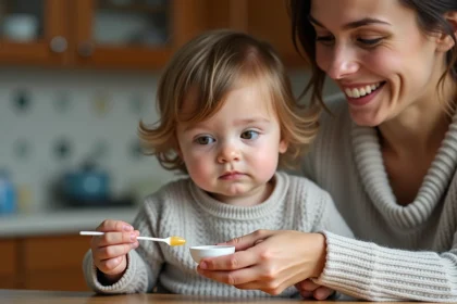 Maman mesure des gouttes de Celestene pour son enfant