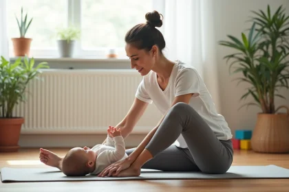Femme faisant du yoga avec son bébé dans un salon lumineux