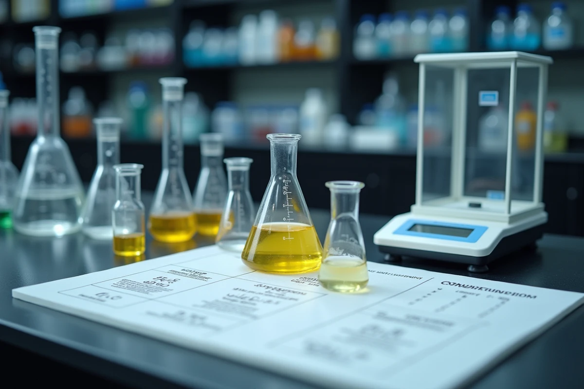 Matériel de laboratoire pour calculer la concentration : fioles jaugées, cylindres gradués, balance analytique et fiche de formules chimiques